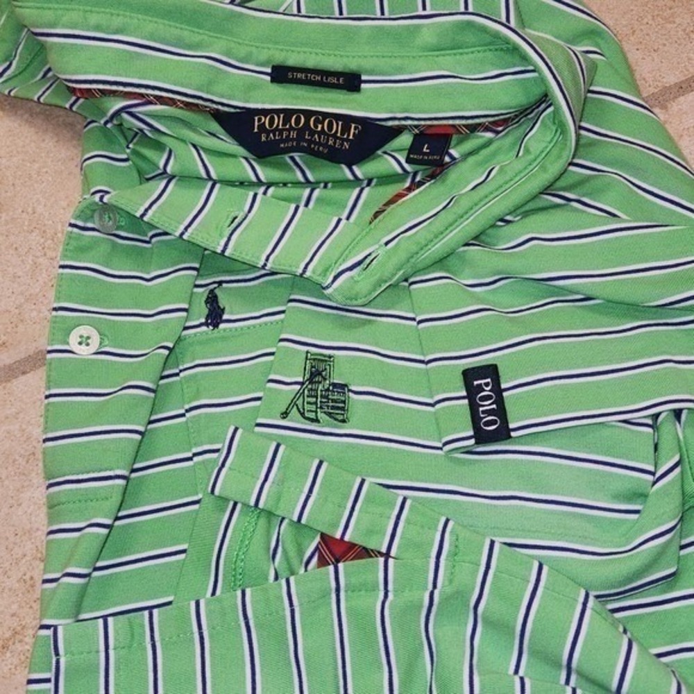 Vtg Ralph Lauren MULTI LOGO POLO Golf Club Shirt Retro Old Money Green Striped